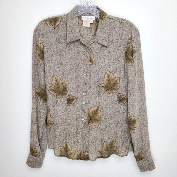 Vintage Victoria fall leaf print silk button front blouse - Picture 1 of 12